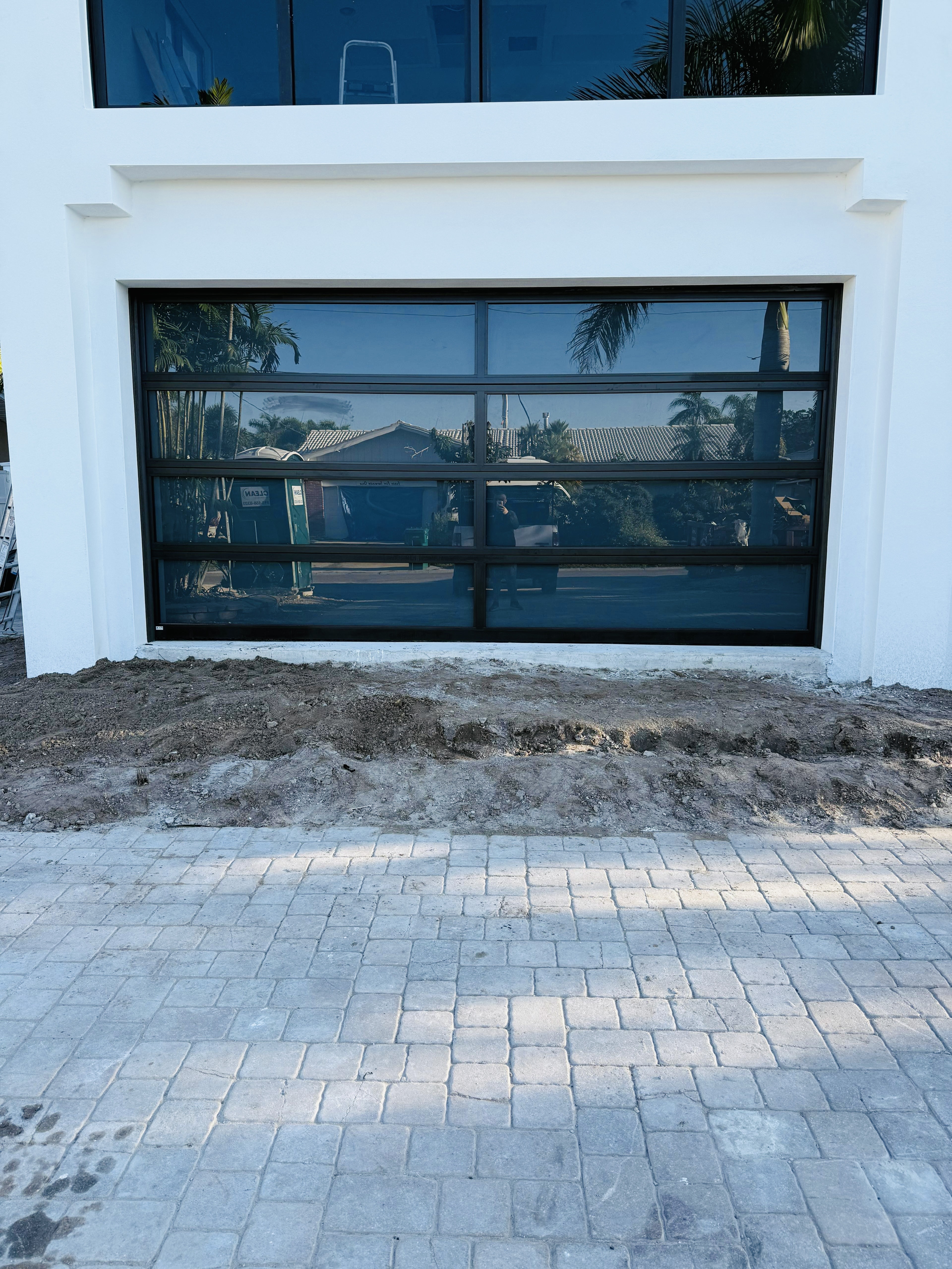 Full-view - (all glass) 2-car garage doors Full-view - Black Frame - Grey glass w/ Privacy
