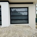 Full-view - (all glass) 2-car garage doors Full-view - Black Frame - Grey glass w/ Privacy