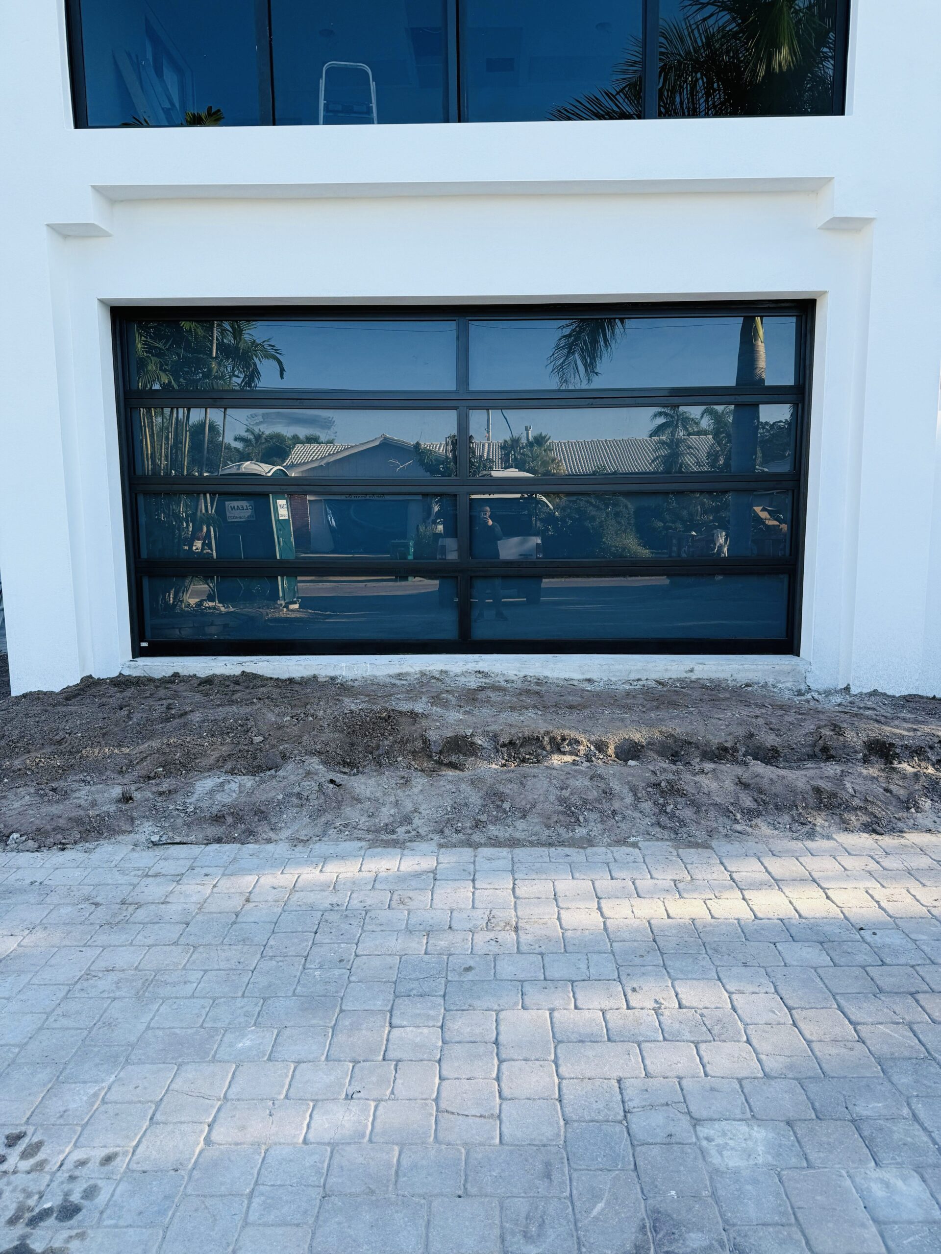 Full-view - (all glass) 2-car garage doors Full-view - Black Frame - Grey glass w/ Privacy