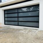 Full-view - (all glass) 2-car garage doors Full-view - Black Frame - Grey glass w/ Privacy