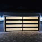 Full-view - (all glass) 2-car garage doors Eco Window Systems - Bronze frame - Grey glass w/ privacy