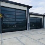 Full-view - (all glass) 2-car garage doors Full-view - Black Frame - Grey glass w/ Privacy -